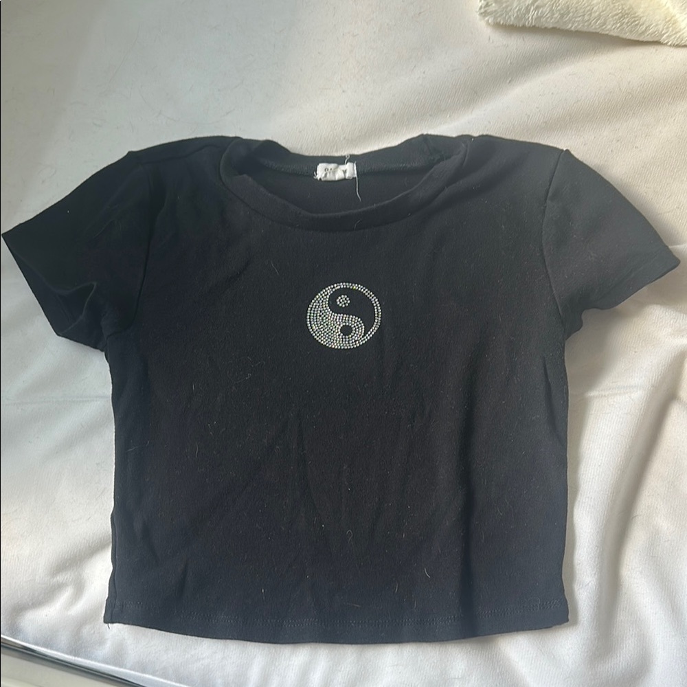 Black Crop Top with Rhinestoned Yin Yang Design
